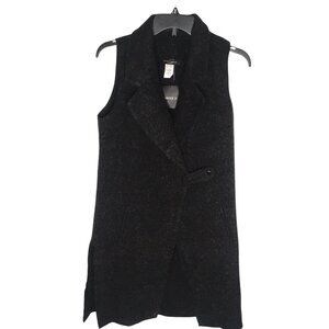 Womens Black Trench Overcoat Vest Faux Wool  Long Line Sleeveless Jacket Small